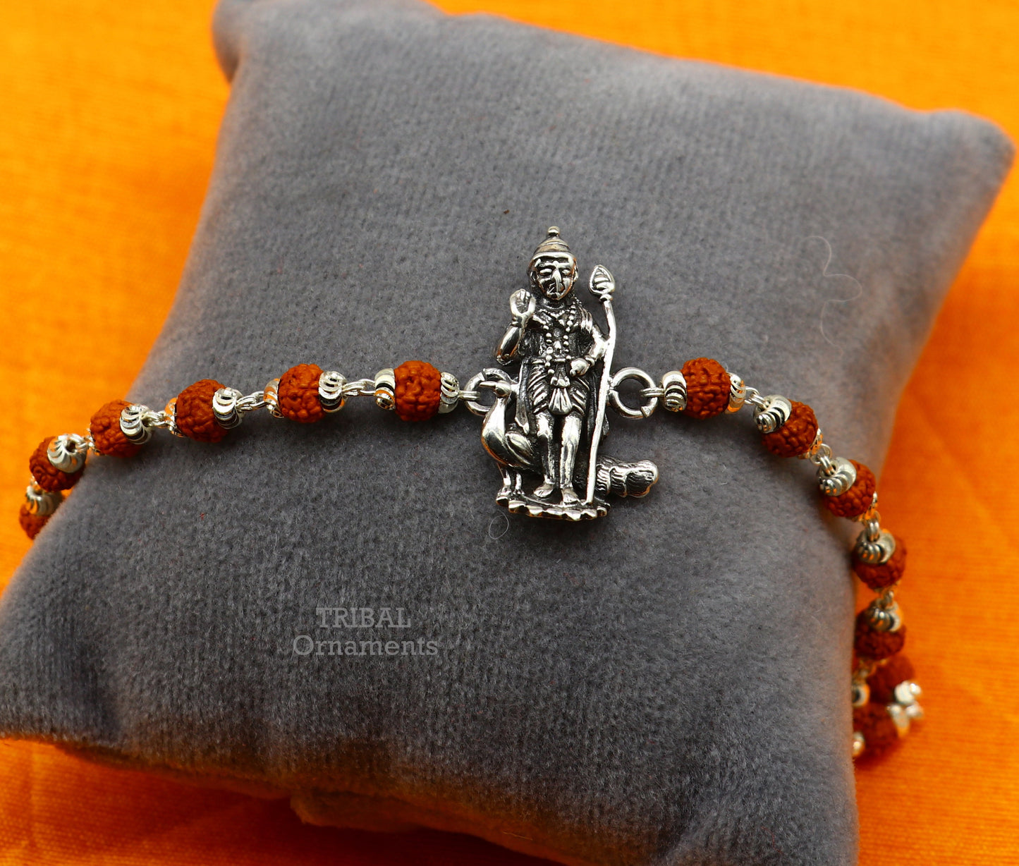 925 sterling silver Lord Kartikeya beads bracelet with Rudraksh design, featuring divine Murugan motif and elegant tribal craftsmanship.