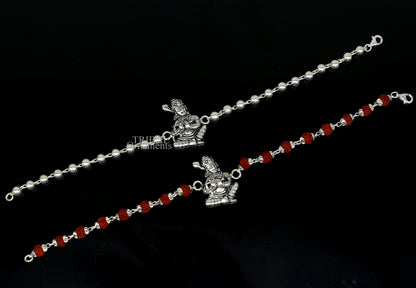 925 Sterling silver Lord Krishna design Rudraksha beads bracelet rakhi with intricate divine motif and personalized details.