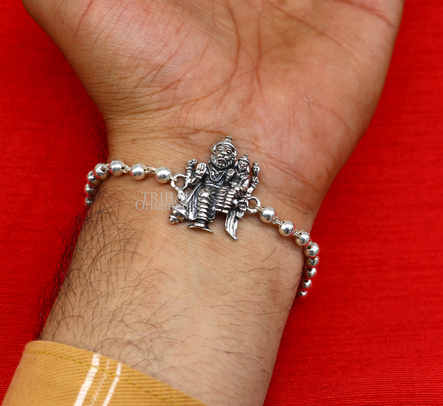 925 Sterling silver Lord Laxmi Narayana Avtar Narsimha Rudraksha beads bracelet with intricate design, crafted by Tribal Ornaments.