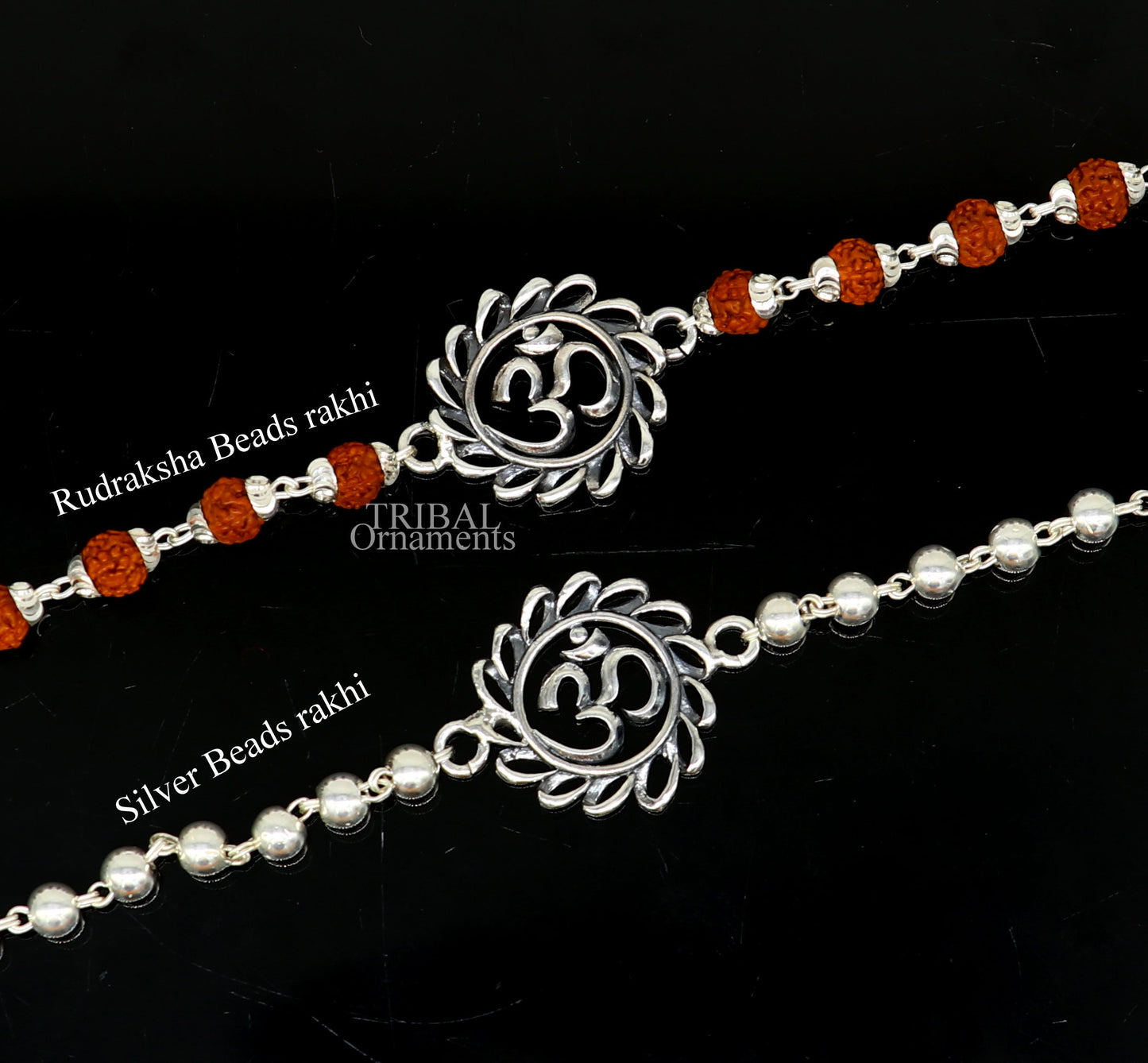 Sterling silver OM Rudraksha and beads bracelet rakhi with divine Aum design, crafted by TRIBAL ORNAMENTS.