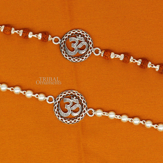 Divine Aum or OM rakhi 925 Sterling silver Rakhi bracelet Rrudrakha and silver beads best gift for your brother's for special gifting rk201 - TRIBAL ORNAMENTS