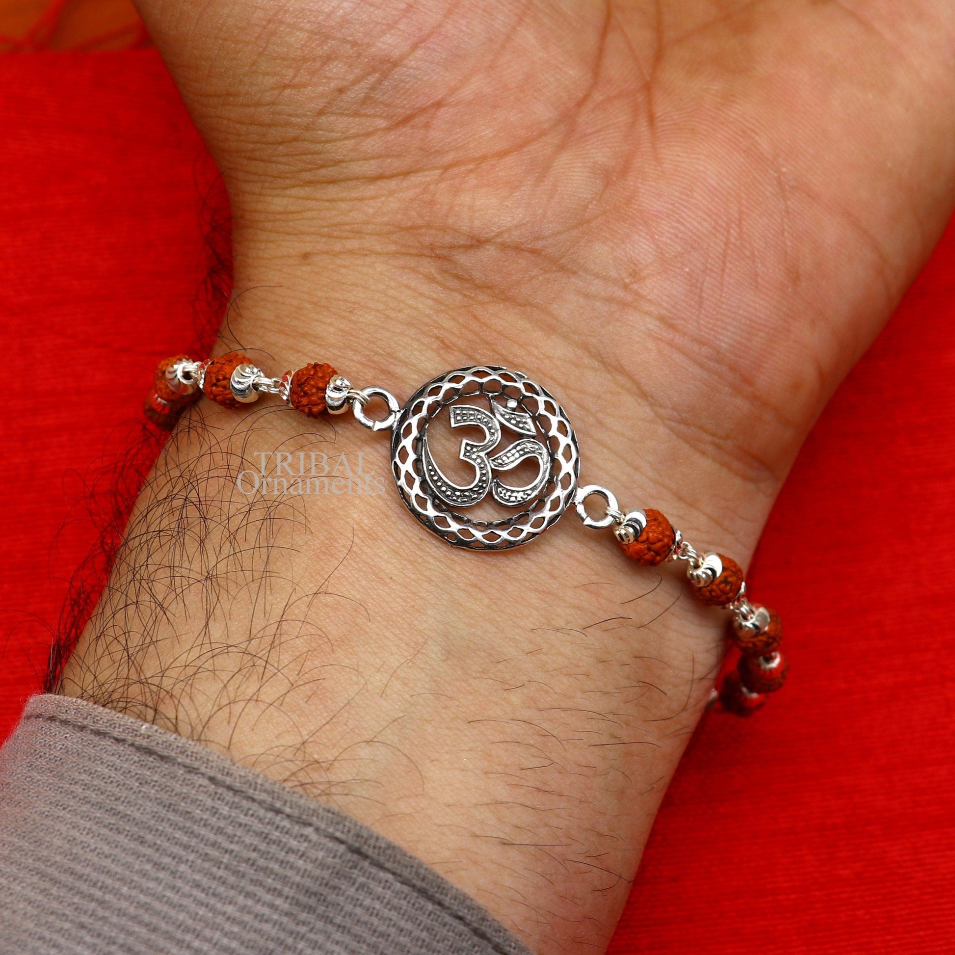 Divine Aum or OM rakhi 925 Sterling silver Rakhi bracelet Rrudrakha and silver beads best gift for your brother's for special gifting rk201 - TRIBAL ORNAMENTS
