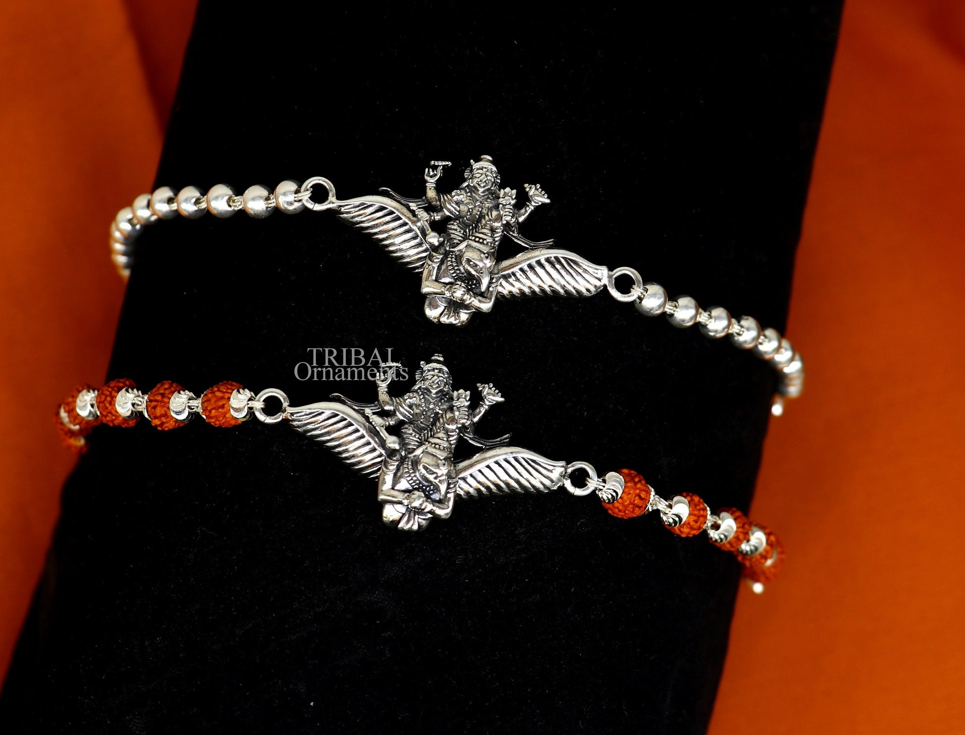 Sterling silver Lord Vishnu bracelet with Garuda, Rudraksha beads, and silver accents, crafted by TRIBAL ORNAMENTS.