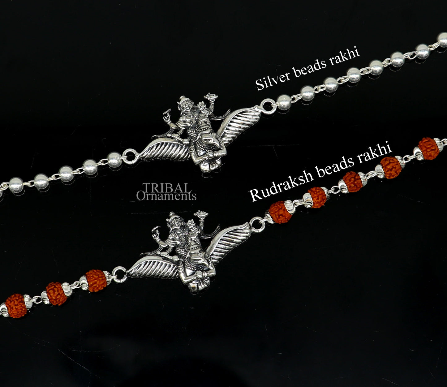 925 Sterling silver Lord Vishnu bracelet with Garuda, Rudraksha beads, and silver accents, crafted by TRIBAL ORNAMENTS.