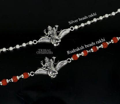 925 Sterling silver Lord Vishnu bracelet with Garuda, Rudraksha beads, and silver accents, crafted by TRIBAL ORNAMENTS.