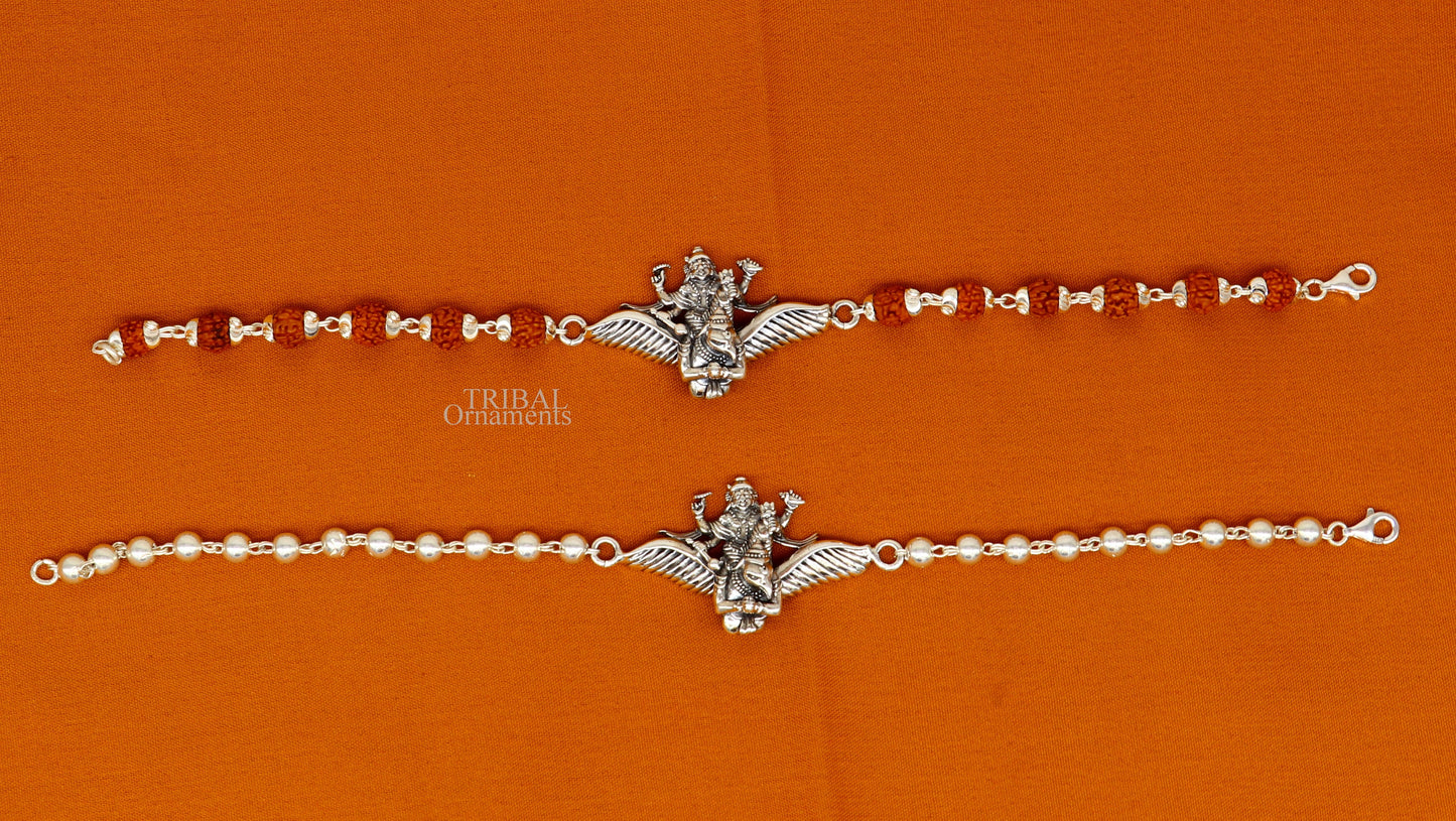 Sterling silver Lord Vishnu bracelet with Garuda, Rudraksha beads, and silver accents, crafted by TRIBAL ORNAMENTS.