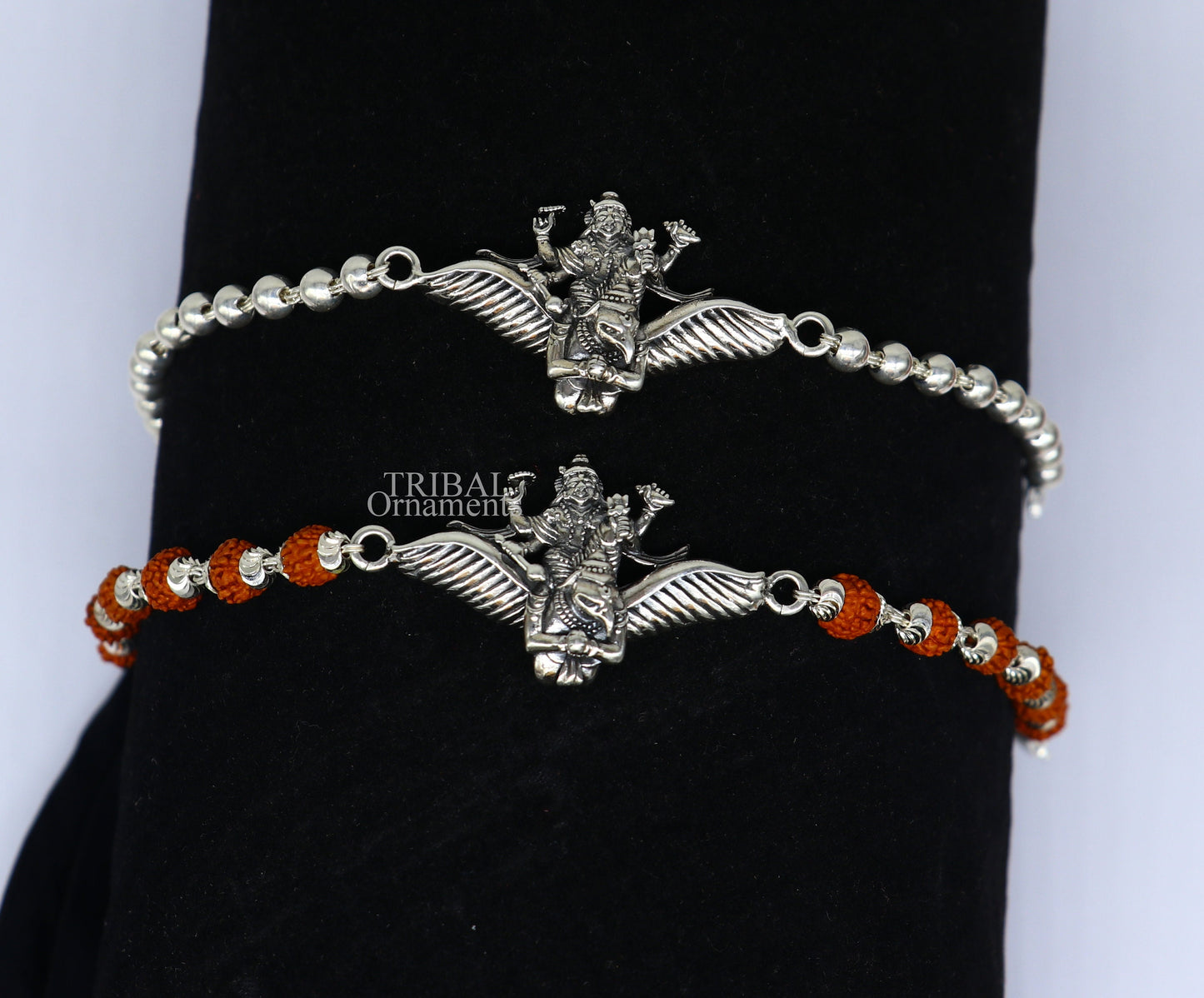 925 Sterling silver Lord Vishnu bracelet with Garuda, Rudraksha beads, and silver beads, featuring intricate tribal ornament design.