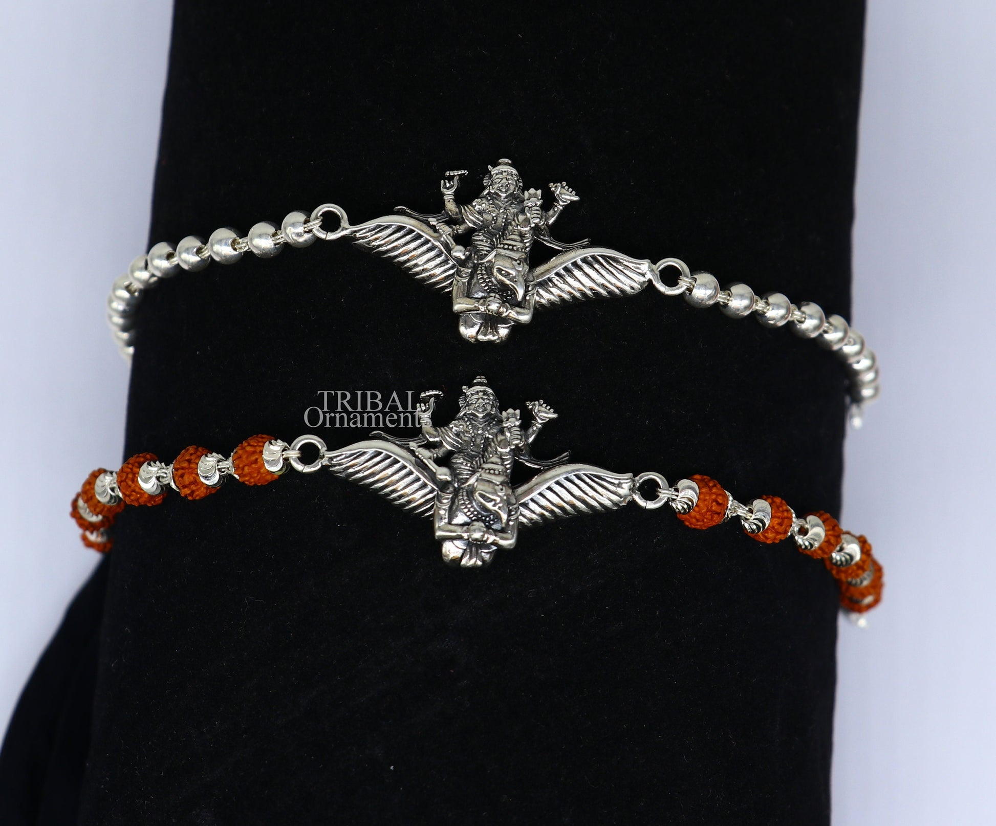 925 Sterling silver Lord Vishnu bracelet with Garuda, Rudraksha beads, and silver beads, featuring intricate tribal ornament design.