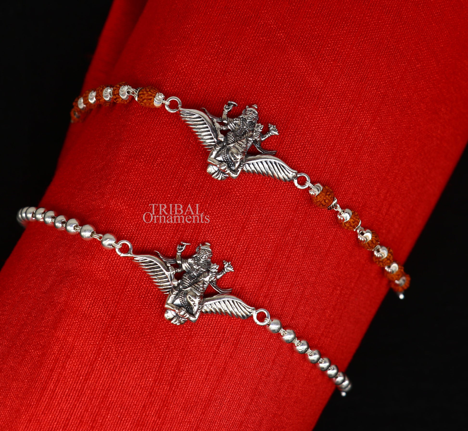 925 Sterling silver Lord Vishnu bracelet with Garuda, Rudraksha beads, and silver beads, crafted by TRIBAL ORNAMENTS.