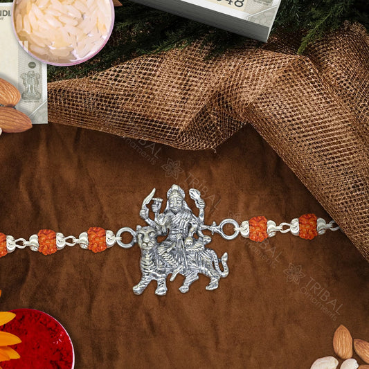 925 sterling silver handmade Goddess Durga /Bhawani Maa Rakhi bracelet amazing Rudraksha or Tulsi beaded bracelet, delicate jewelry rk247 - TRIBAL ORNAMENTS