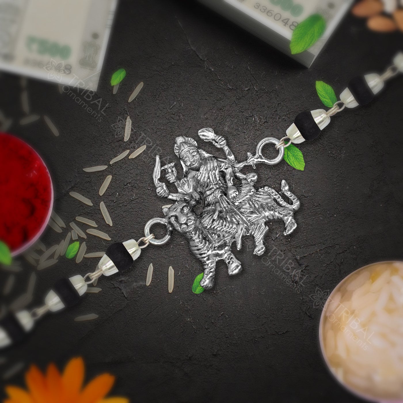 925 sterling silver handmade Goddess Durga /Bhawani Maa Rakhi bracelet amazing Rudraksha or Tulsi beaded bracelet, delicate jewelry rk247 - TRIBAL ORNAMENTS