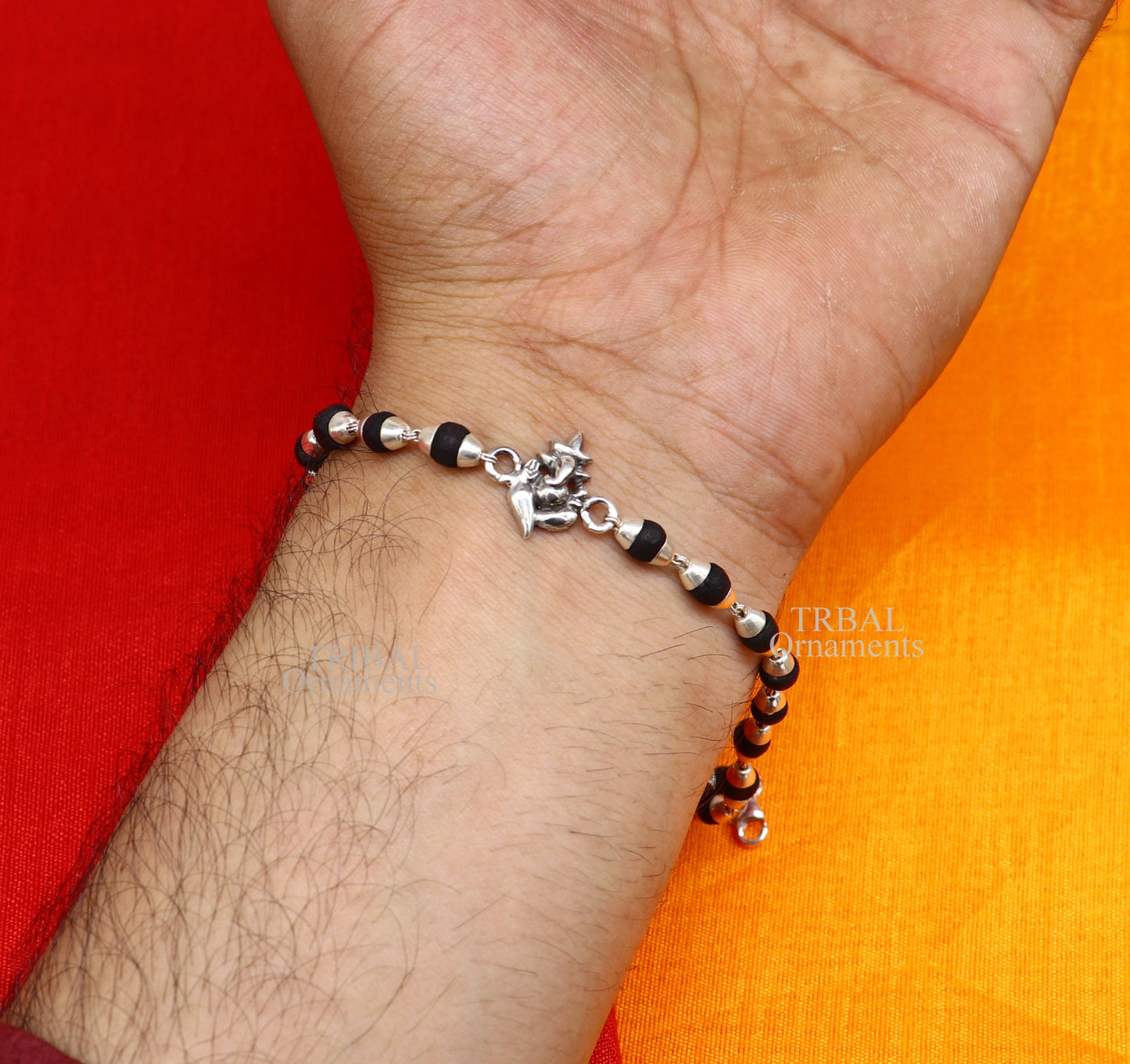 925 sterling silver handmade lord Ganesha design Rakhi bracelet amazing Rudraksha or Tulsi beaded bracelet, use as daily use jewelry rk191 - TRIBAL ORNAMENTS