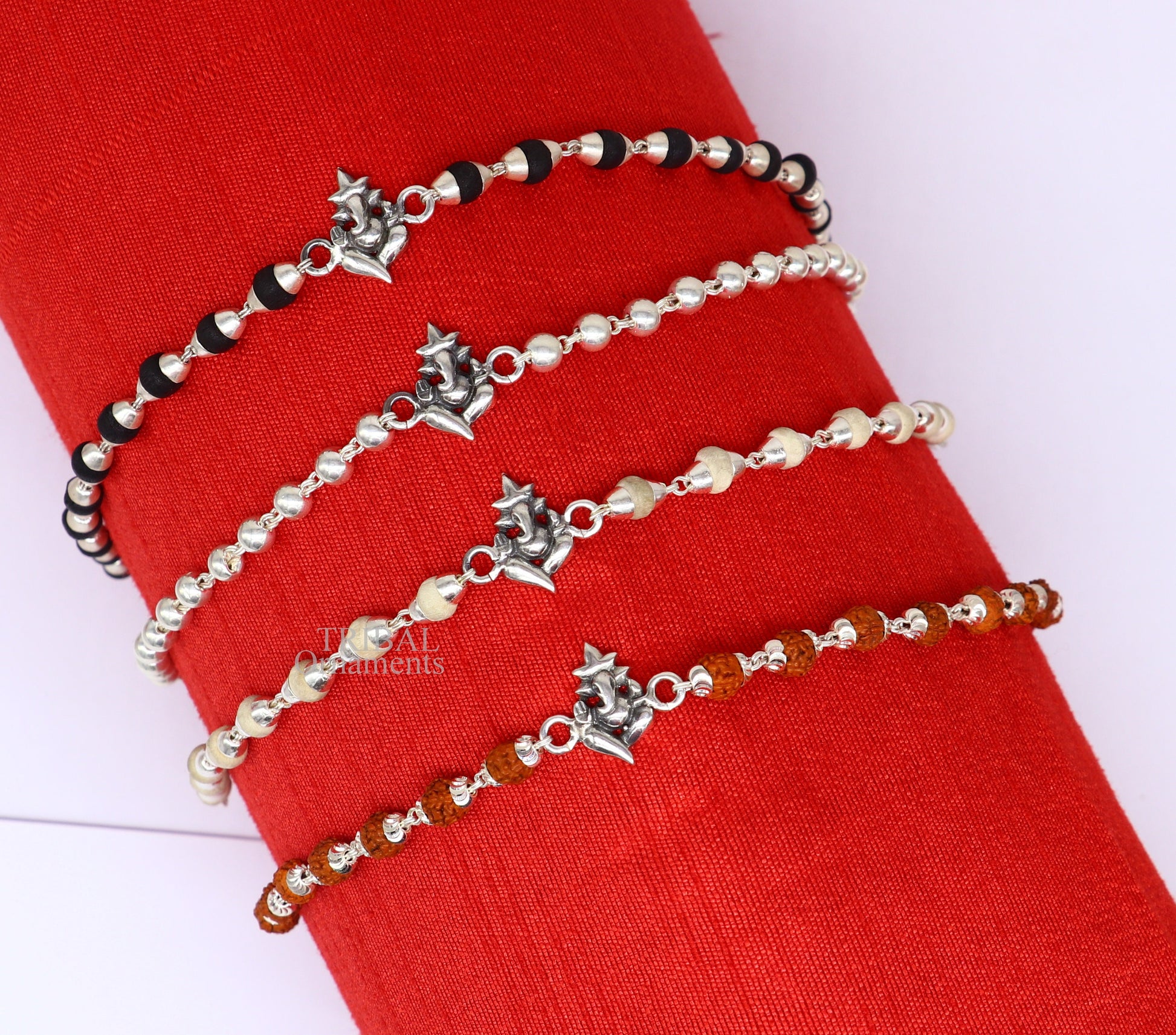 925 sterling silver handmade lord Ganesha design Rakhi bracelet amazing Rudraksha or Tulsi beaded bracelet, use as daily use jewelry rk191 - TRIBAL ORNAMENTS