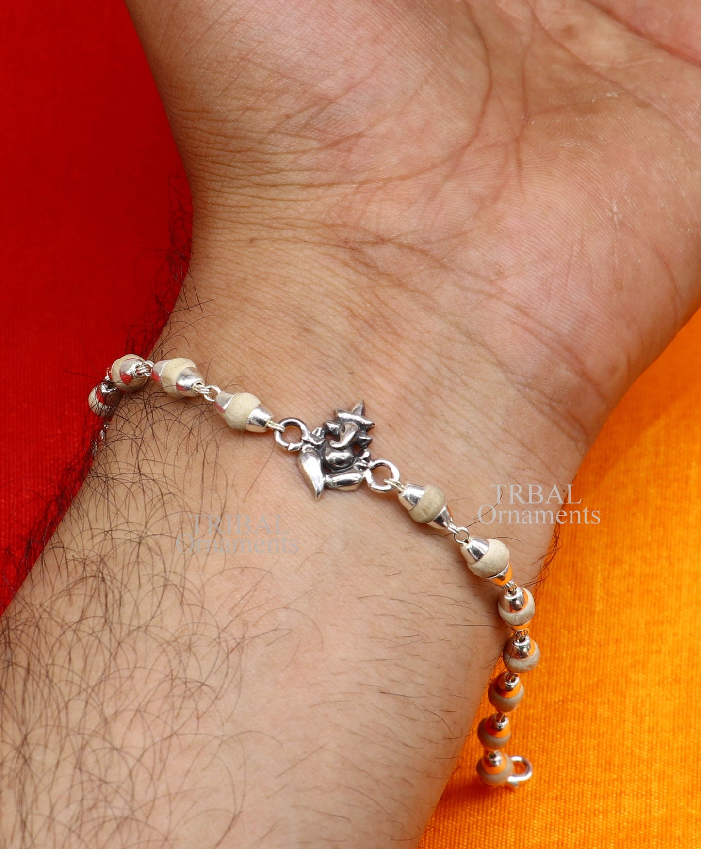 925 sterling silver handmade lord Ganesha design Rakhi bracelet amazing Rudraksha or Tulsi beaded bracelet, use as daily use jewelry rk191 - TRIBAL ORNAMENTS