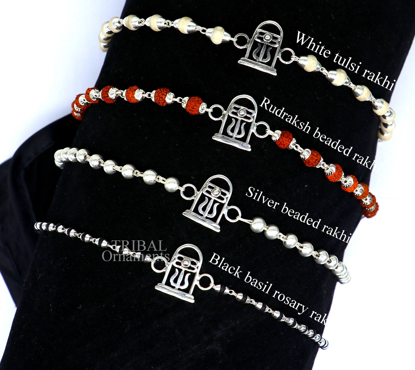 Sterling silver Lord Shiva Lingam Rudraksha and Tulsi beaded bracelet featuring intricate handmade design by Tribal Ornaments.