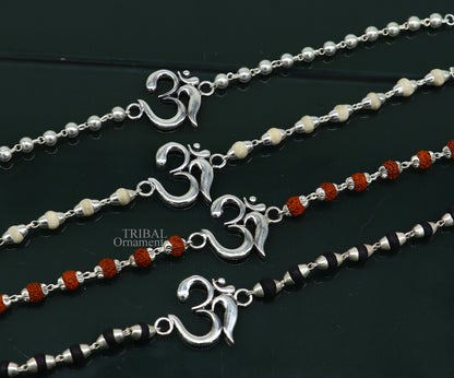 925 sterling silver Rudraksha and Tulsi beaded bracelet with OM design, handmade by Tribal Ornaments, ideal for rakhi gifting.