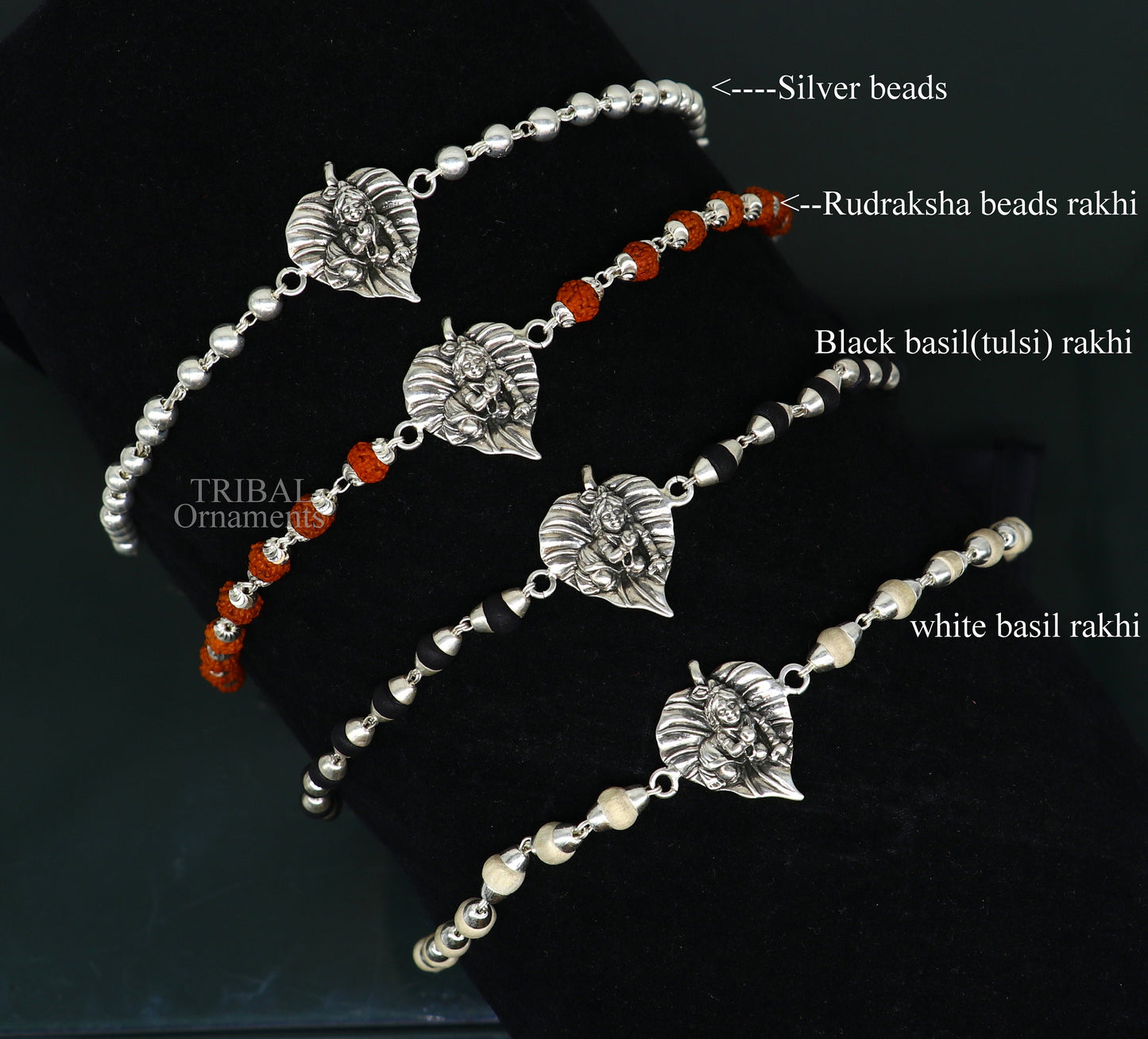 925 sterling silver Laddu Gopala bracelet with Rudraksha and Tulsi beads, featuring intricate Krishna design and beaded accents.