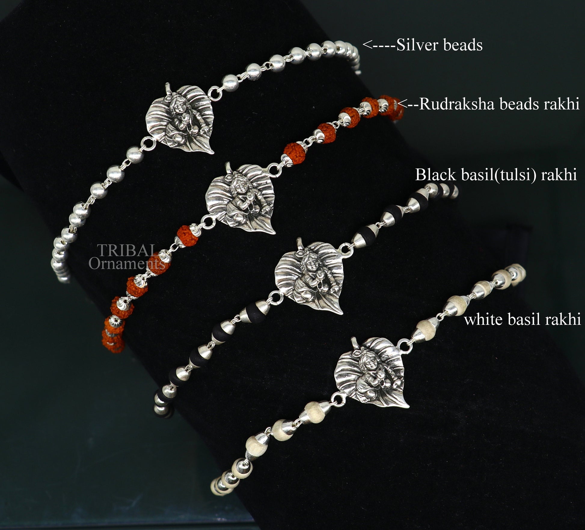 925 sterling silver Laddu Gopala bracelet with Rudraksha and Tulsi beads, featuring intricate Krishna design and beaded accents.