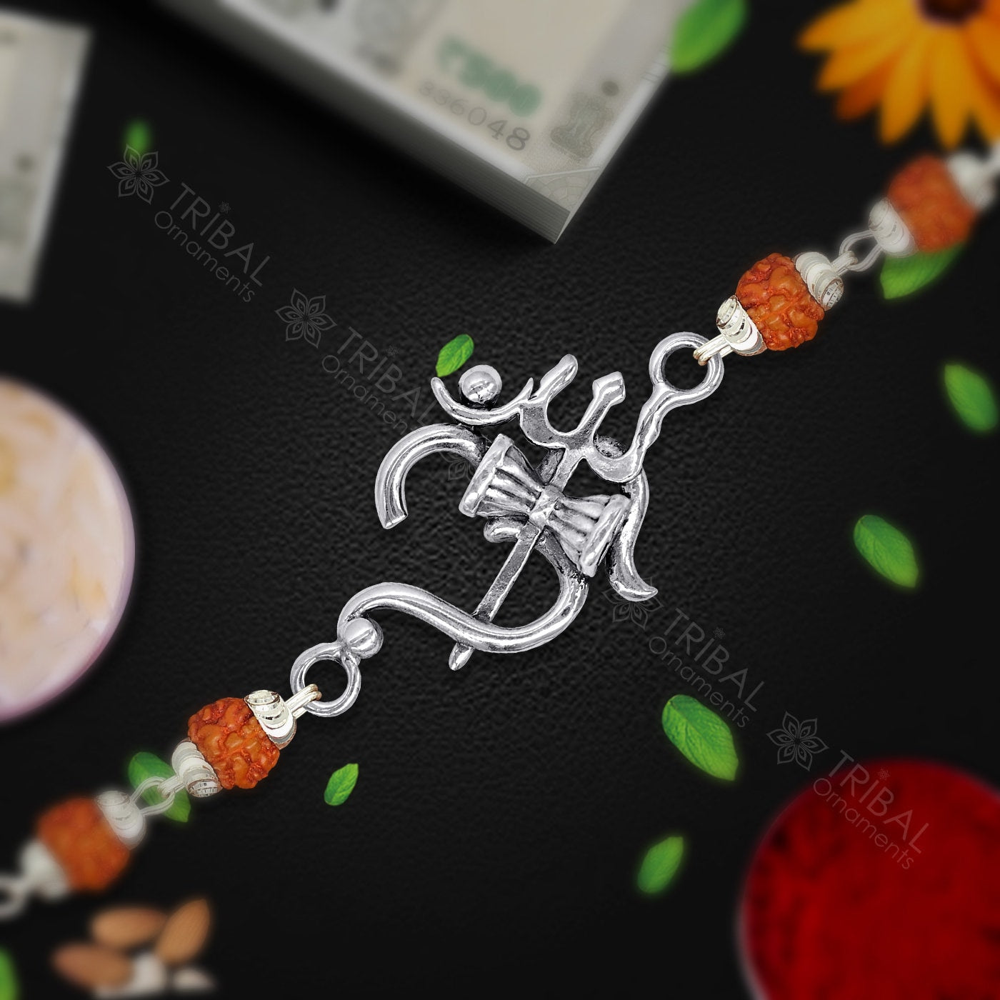 925 sterling silver Om Rudraksha bracelet with black and white Tulsi beads and silver beads, tribal-inspired design.