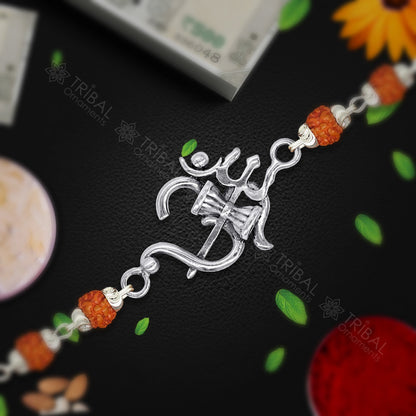 925 sterling silver Om Rudraksha bracelet with black and white Tulsi beads and silver beads, tribal-inspired design.