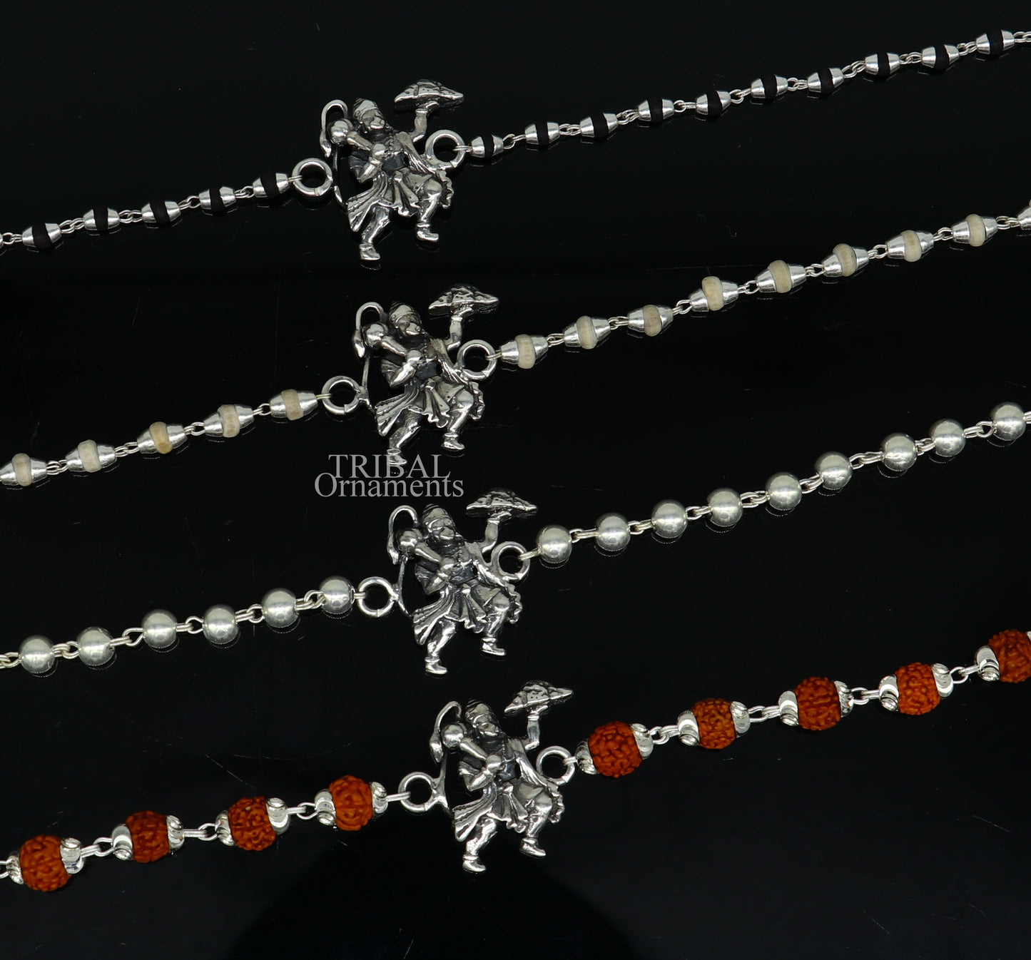 925 sterling silver Flying Hanuman Rudraksha and Tulsi beads bracelet Rakhi with intricate silver and beaded design.