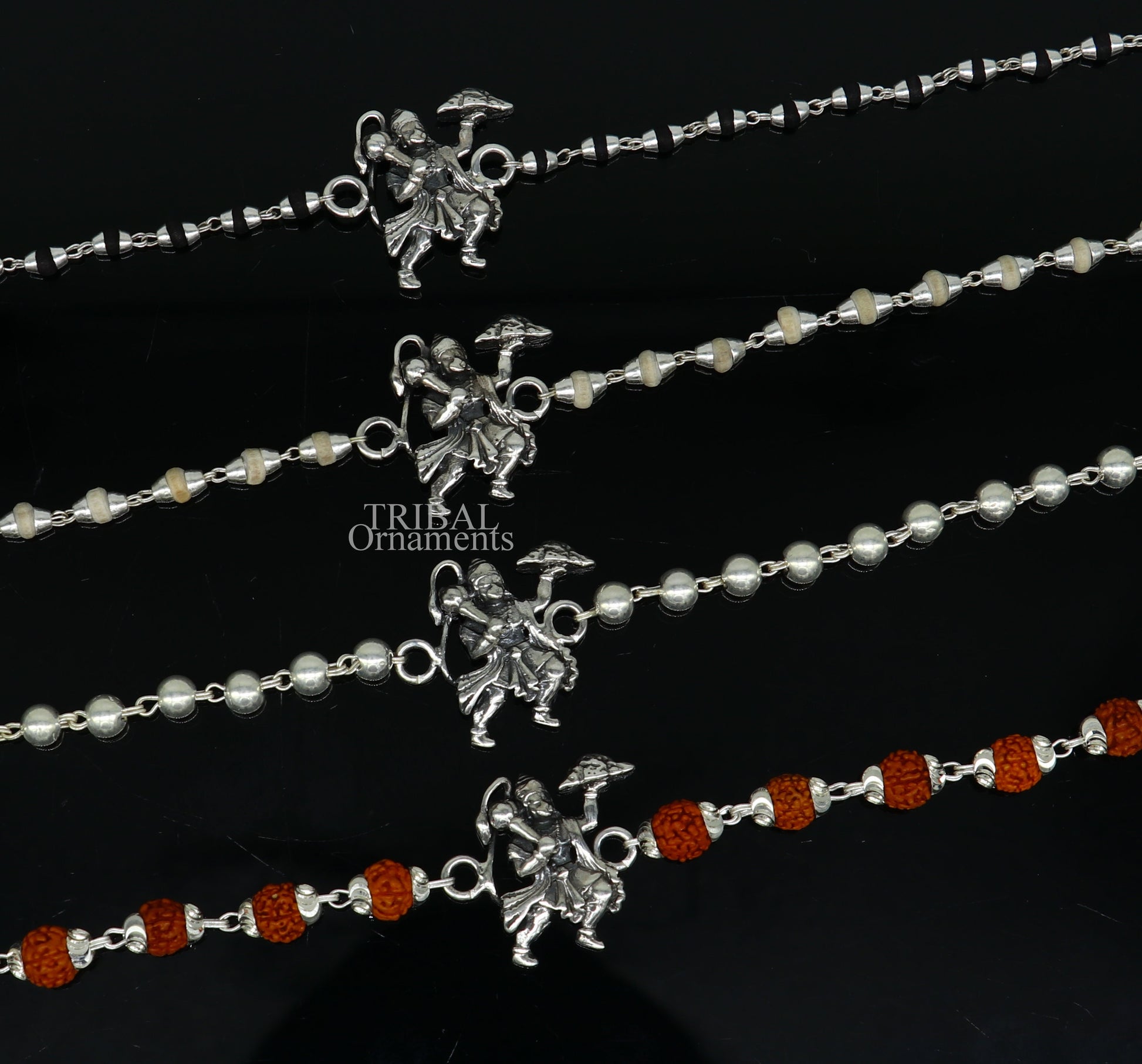 925 sterling silver Flying Hanuman Rudraksha and Tulsi beads bracelet Rakhi with intricate silver and beaded design.