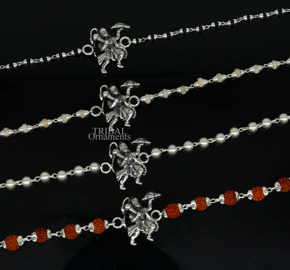 925 sterling silver Flying Hanuman Rudraksha and Tulsi beads bracelet Rakhi with intricate silver and beaded design.