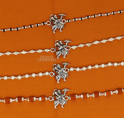 925 sterling silver Flying Hanuman Rudraksha and Tulsi beads bracelet rakhi with intricate silver detailing and beaded accents.