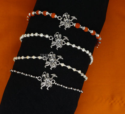 925 sterling silver Flying Hanuman Rudraksha and Tulsi beads bracelet rakhi with intricate silver details and beaded design.