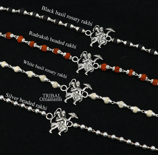 Sterling silver Lord Hanuman bracelet with Rudraksha and Tulsi beads, featuring intricate beaded design and spiritual symbolism.