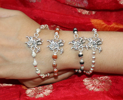925 sterling silver Lord Hanuman Rudraksha and Tulsi beads bracelet, intricate beaded rakhi with detailed silver accents.