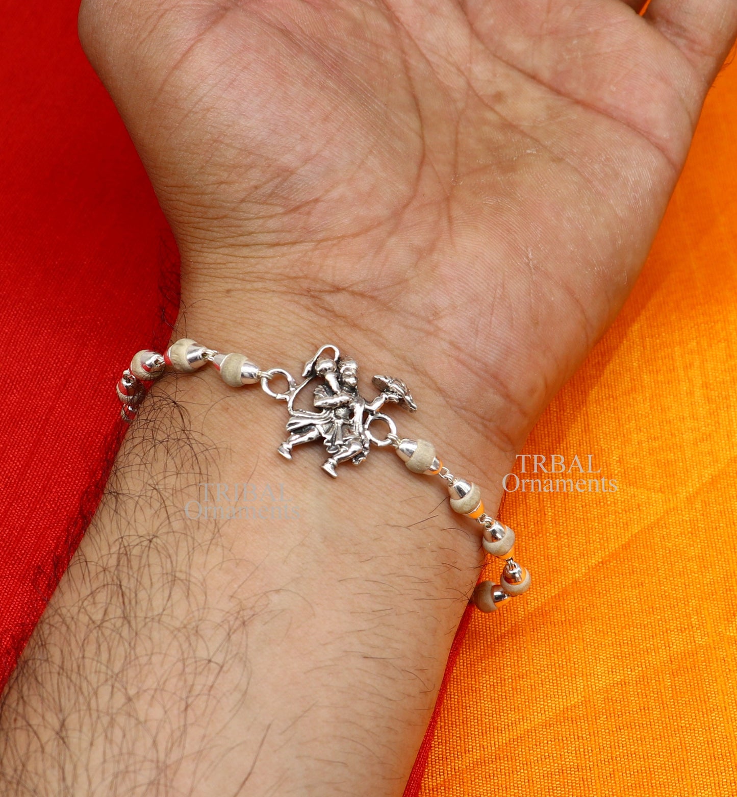 Lord hanuman Rakhi 925 sterling silver handmade lord hanuman design Rakhi bracelet, amazing Rudraksha, Tulsi beaded bracelet rk184 - TRIBAL ORNAMENTS