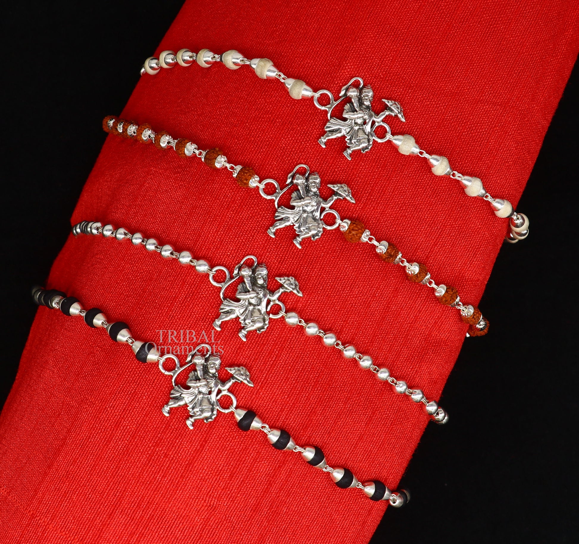 Lord hanuman Rakhi 925 sterling silver handmade lord hanuman design Rakhi bracelet, amazing Rudraksha, Tulsi beaded bracelet rk184 - TRIBAL ORNAMENTS