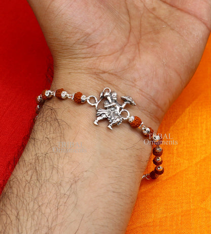 925 sterling silver Lord Hanuman Rudraksha and Tulsi beads bracelet with intricate design, handcrafted by TRIBAL ORNAMENTS.