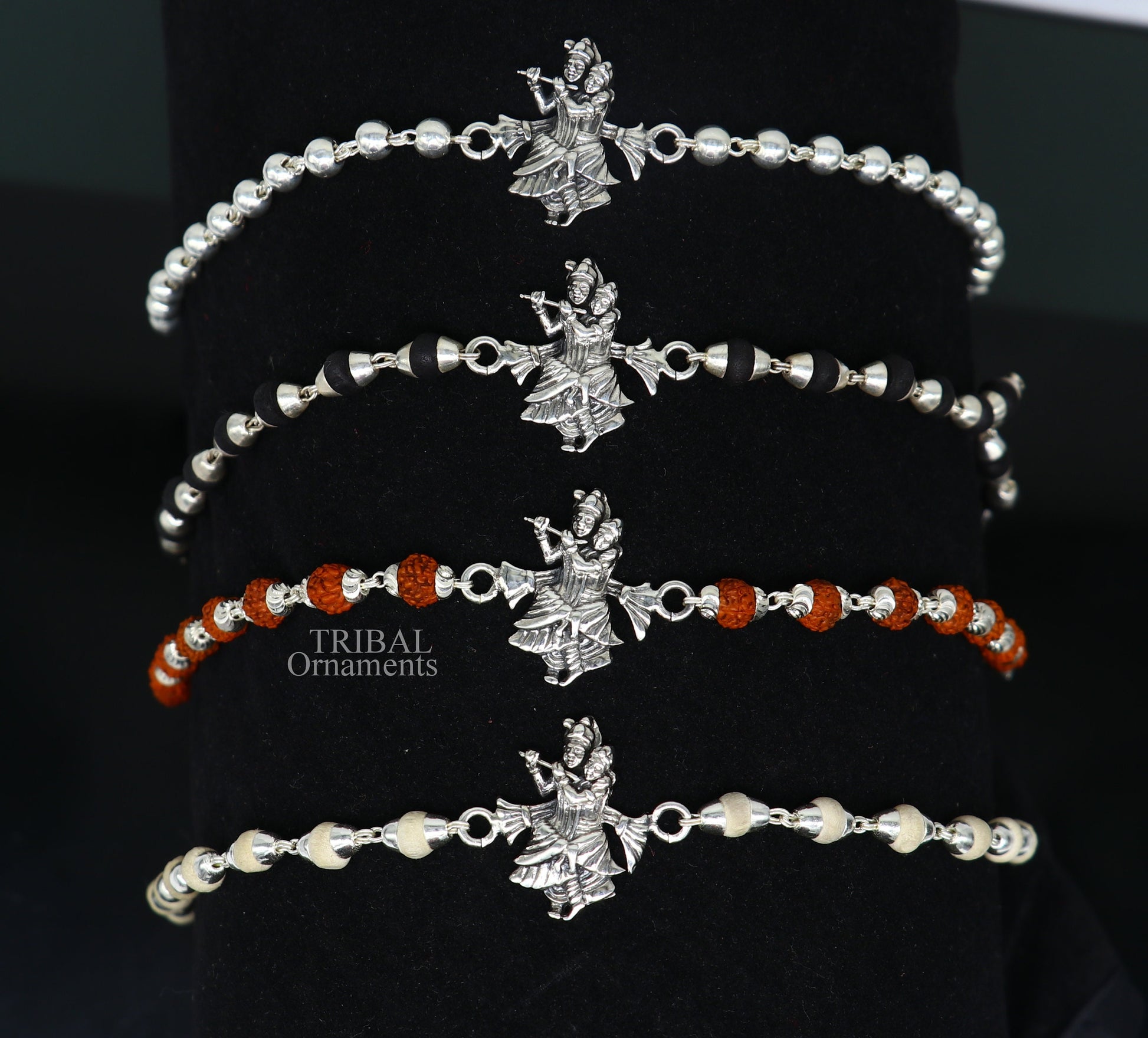 Handmade 925 sterling silver Lord Radha Krishna Rudraksha and Tulsi beads Rakhi bracelet from Tribal Ornaments.