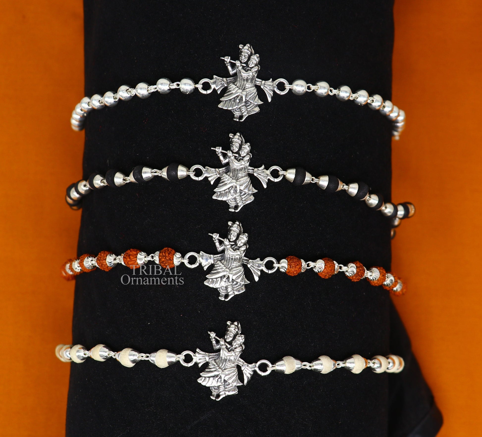 Handmade 925 sterling silver Lord Radha Krishna and Rudraksha beads bracelet with Tulsi beads, crafted by Tribal Ornaments.