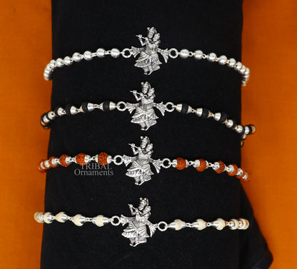 Handmade 925 sterling silver Lord Radha Krishna and Rudraksha beads bracelet with Tulsi beads, crafted by Tribal Ornaments.