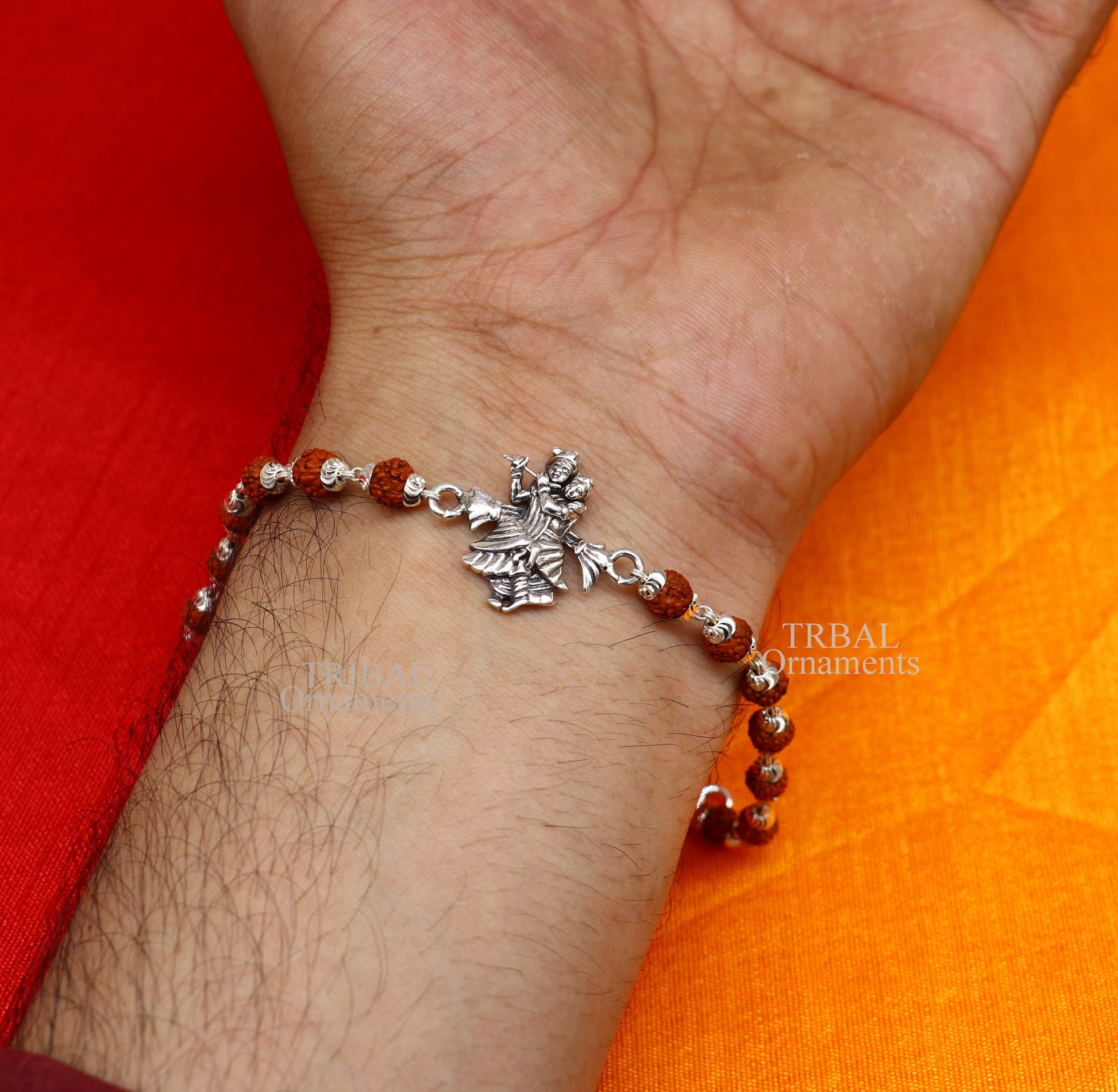 Handmade 925 sterling silver Lord Radha Krishna Rudraksha and Tulsi beads bracelet, divine tribal ornament accessory.