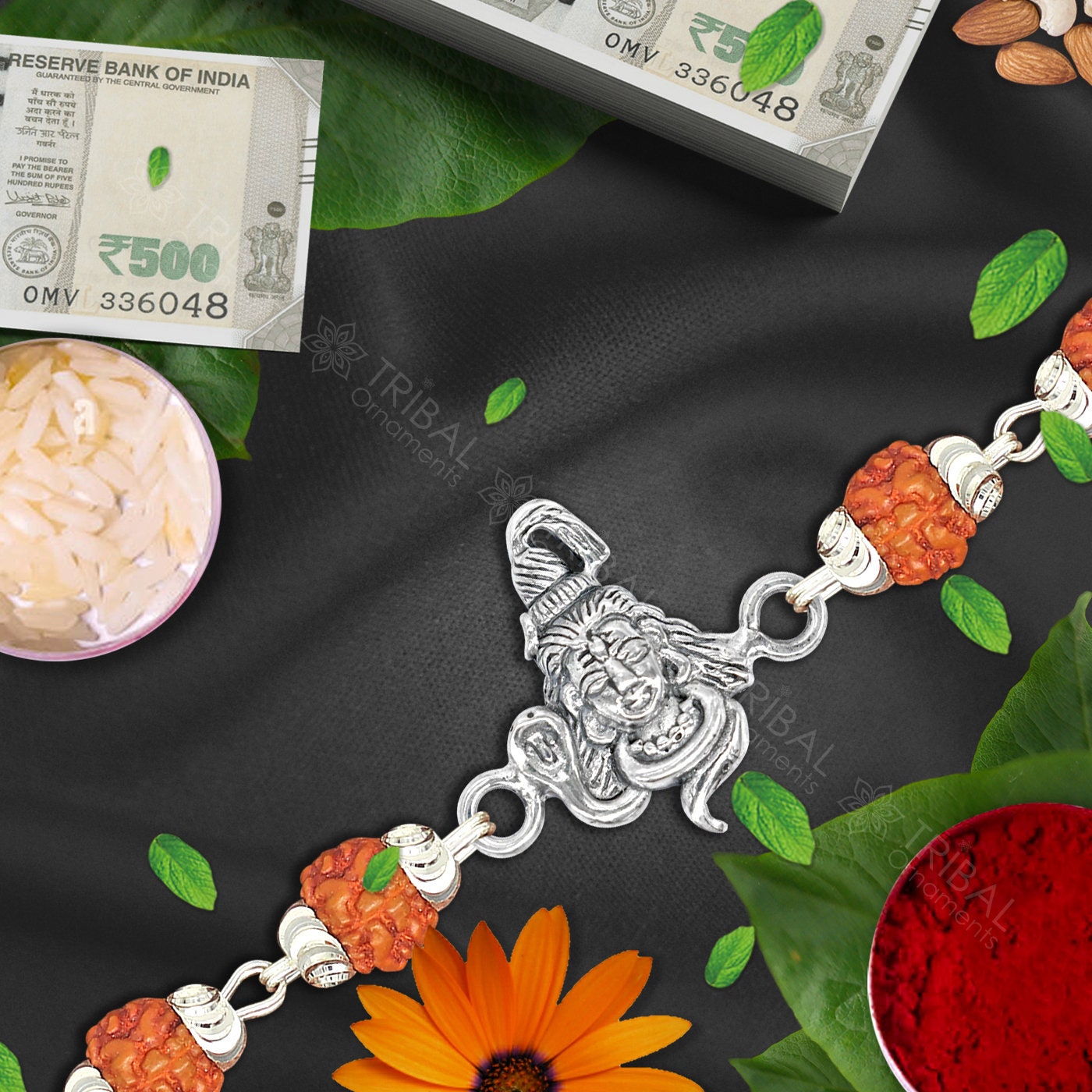 925 sterling silver Lord Shiva Rudraksha bracelet with black and white tulsi beads and silver beads, designed as a stylish rakhi.