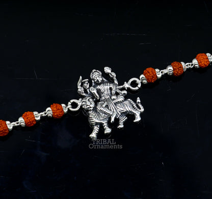 925 Sterling silver Bhawani Mataji Rudraksha beads bracelet rakhi with intricate design, crafted by Tribal Ornaments.