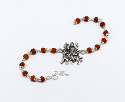 925 Sterling silver Rudraksha beads bracelet with Bhawani Mataji and Durga motifs, crafted by TRIBAL ORNAMENTS.
