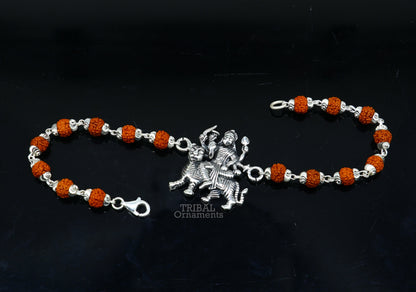 925 Sterling silver Rudraksha beads bracelet with divine Bhawani Mataji and Durga motifs, crafted by Tribal Ornaments.