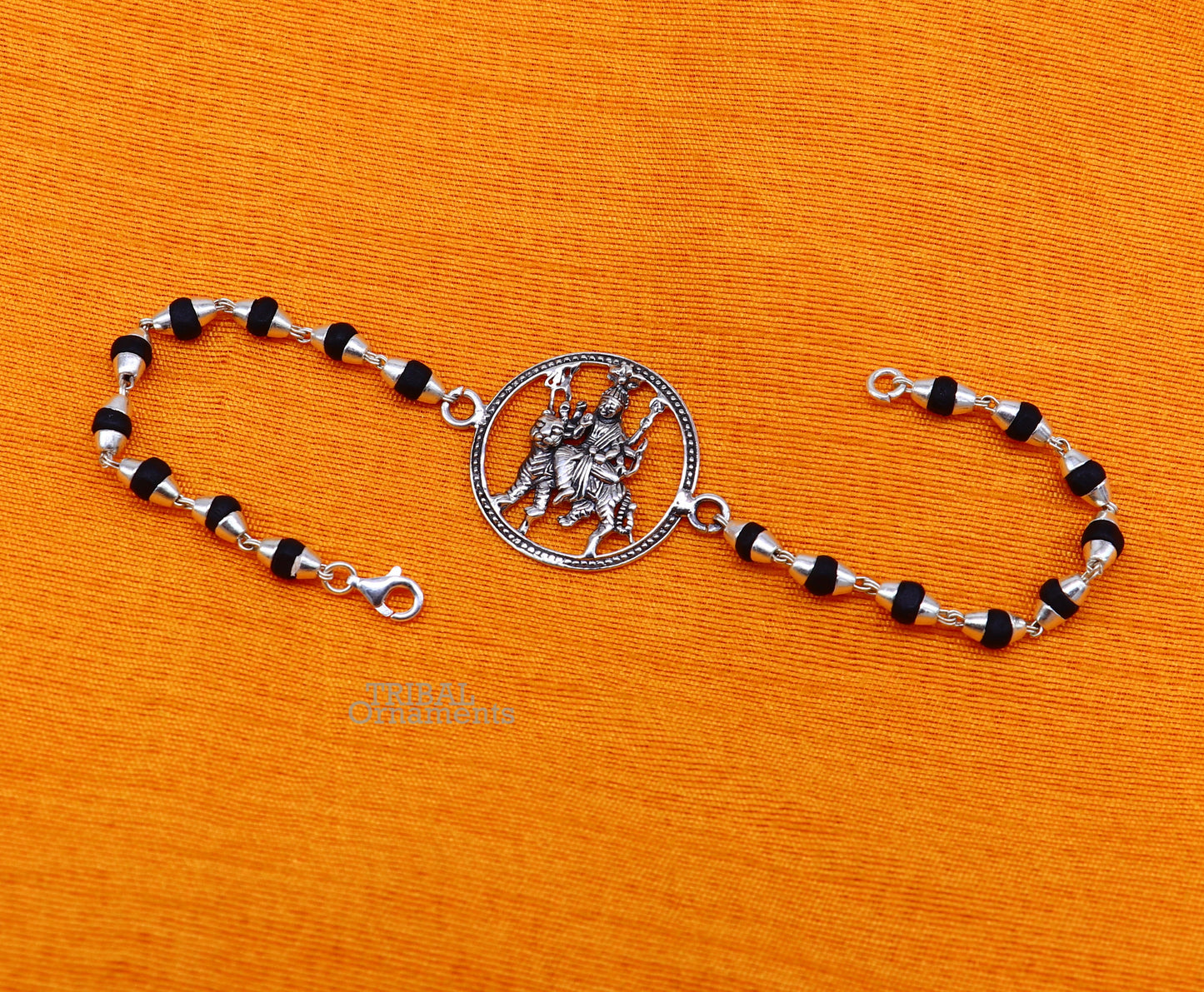 925 Sterling silver Bhawani Mata Ji bracelet with Tulsi beads and divine Durga motif, crafted by Tribal Ornaments.