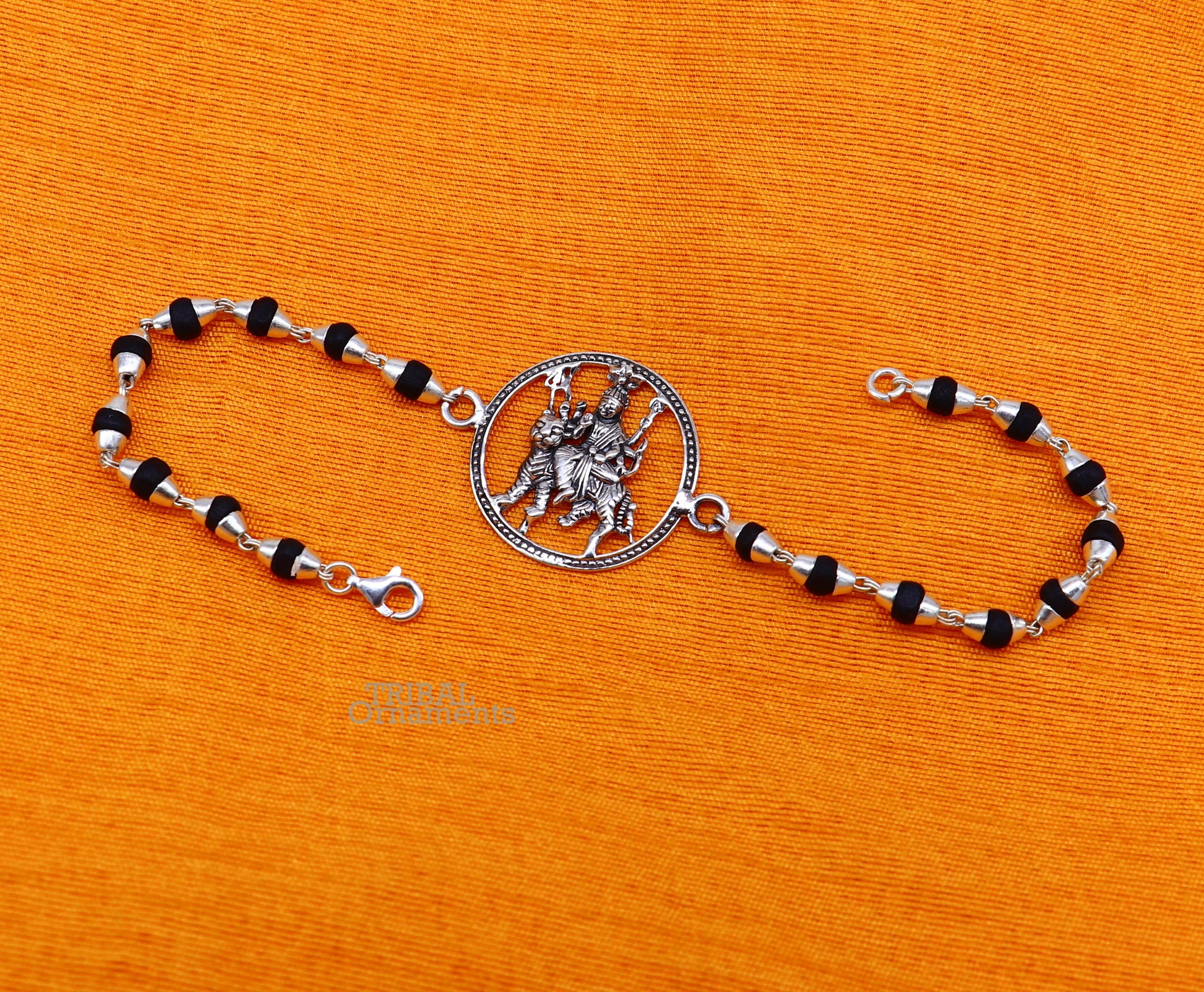 925 Sterling silver Bhawani Mata Ji bracelet with Tulsi beads and divine Durga motif, crafted by Tribal Ornaments.