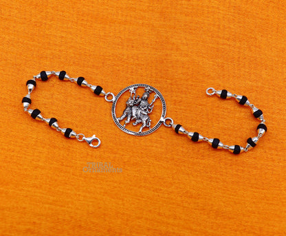 925 Sterling silver Bhawani Mata Ji bracelet with Tulsi beads and divine Durga motif, crafted by Tribal Ornaments.