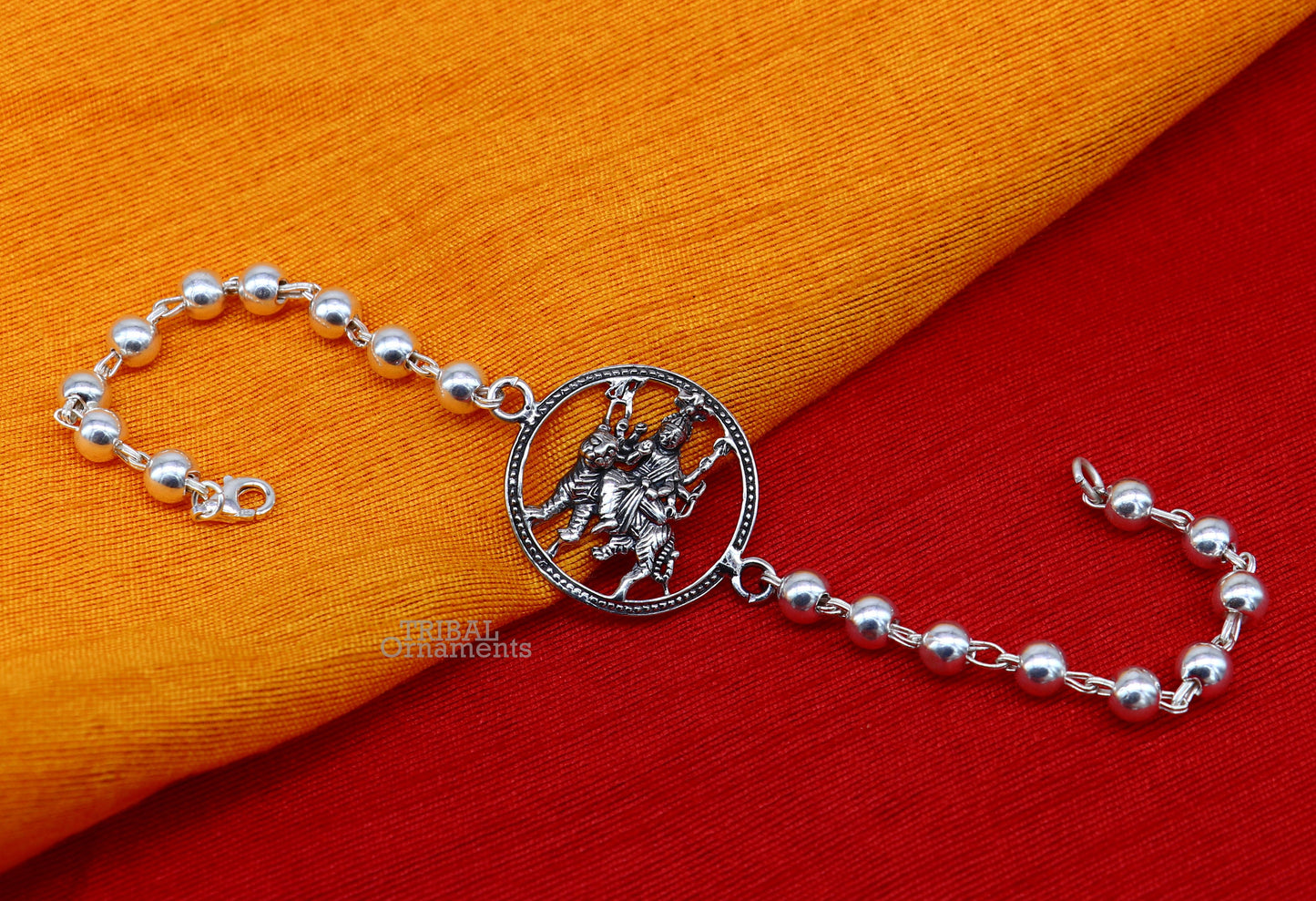 925 Sterling silver Bhawani Mata Ji Tulsi beads bracelet with divine Durga design, crafted by TRIBAL ORNAMENTS.