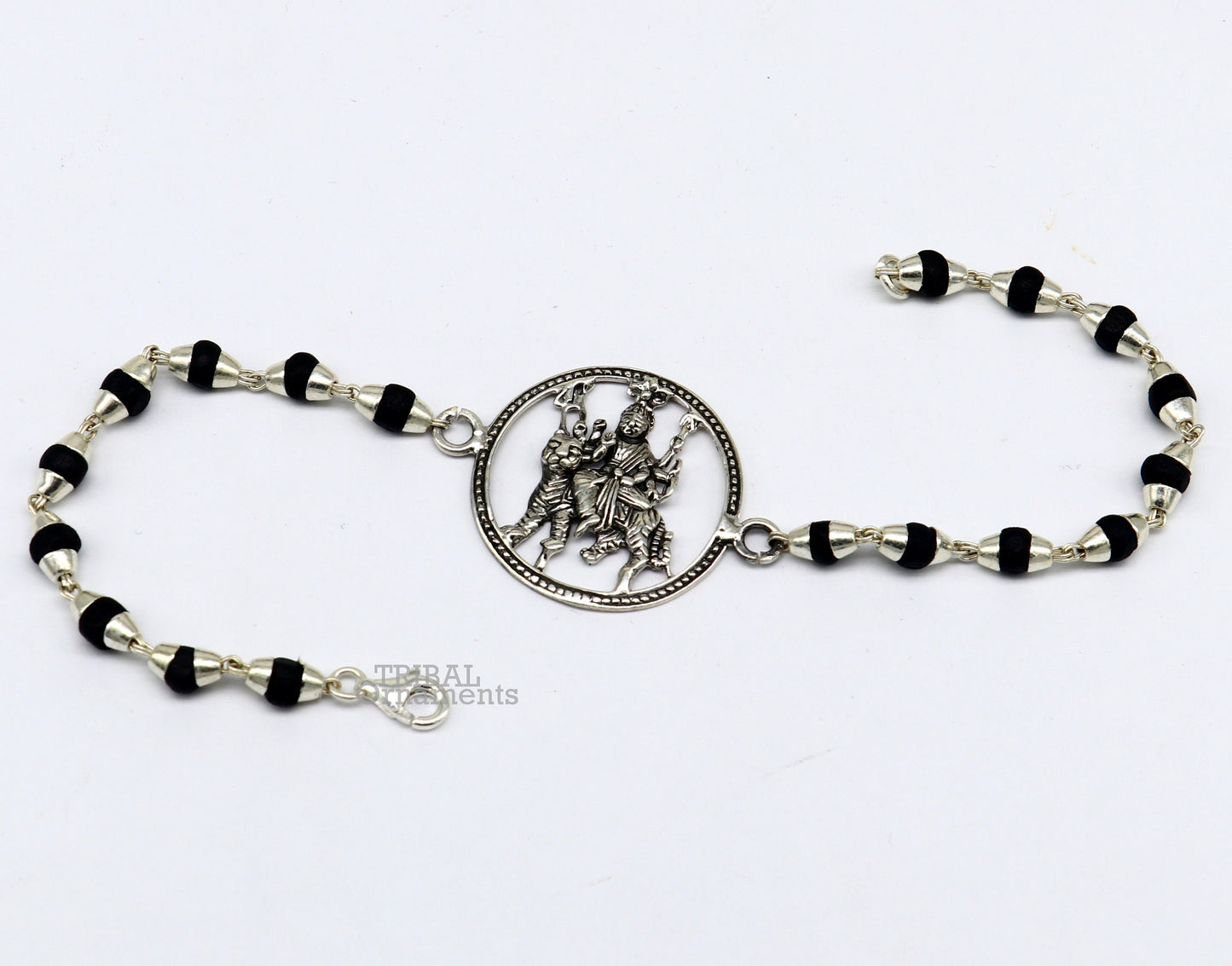 925 Sterling silver Bhawani Mata Ji Tulsi beads bracelet featuring divine Durga motif, crafted by Tribal Ornaments.