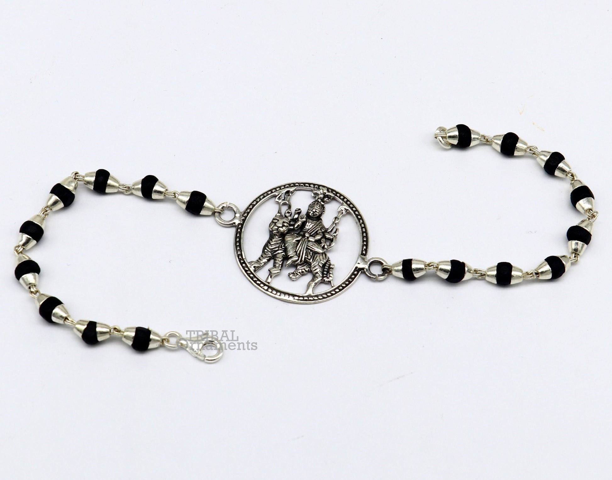 925 Sterling silver Bhawani Mata Ji Tulsi beads bracelet featuring divine Durga motif, crafted by Tribal Ornaments.
