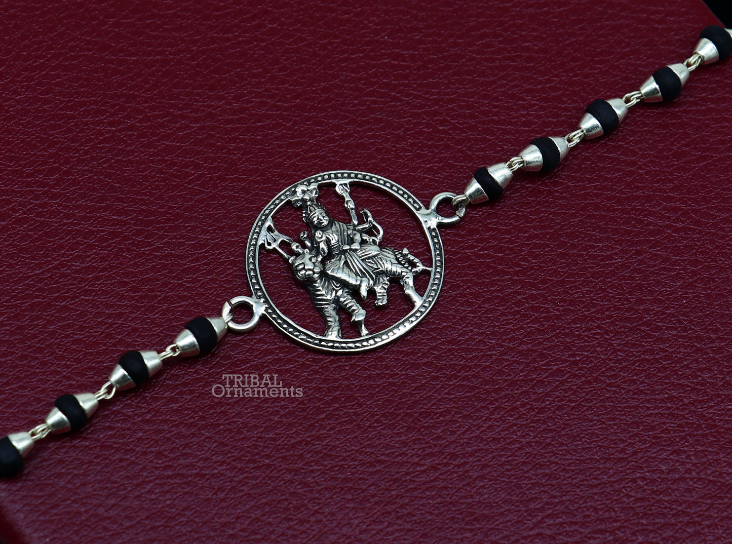 925 Sterling silver Bhawani Mata Tulsi beads bracelet rakhi with divine Durga motif, crafted by TRIBAL ORNAMENTS.