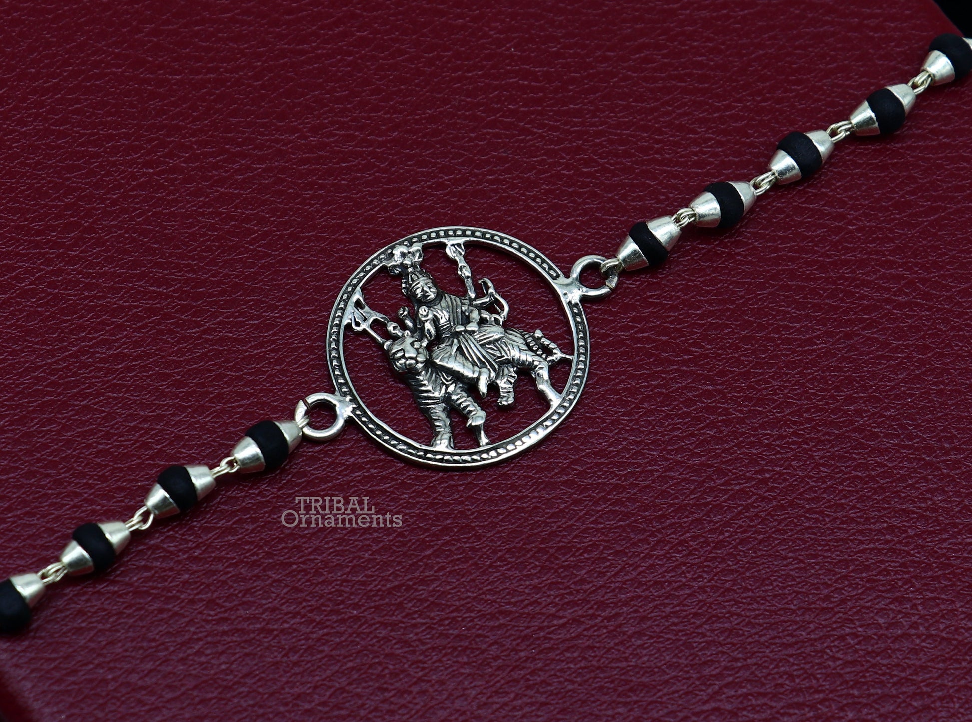 925 Sterling silver Bhawani Mata Tulsi beads bracelet rakhi with divine Durga motif, crafted by TRIBAL ORNAMENTS.